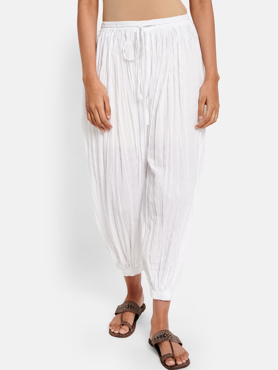 

Fabindia Women White Striped Pleated Harem Pants