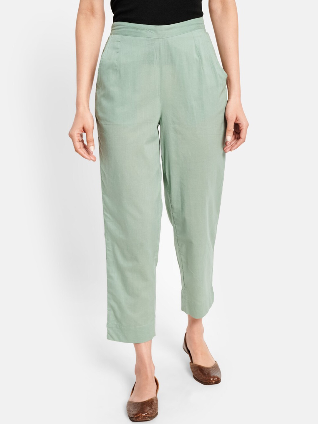 

Fabindia FabBasic Women Green Solid Cotton Trousers