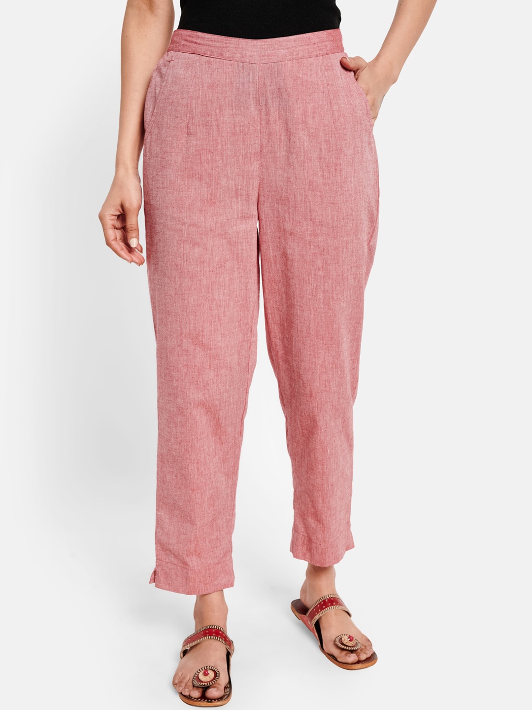 

Fabindia Women Pink Textured Regular-Fit Trousers