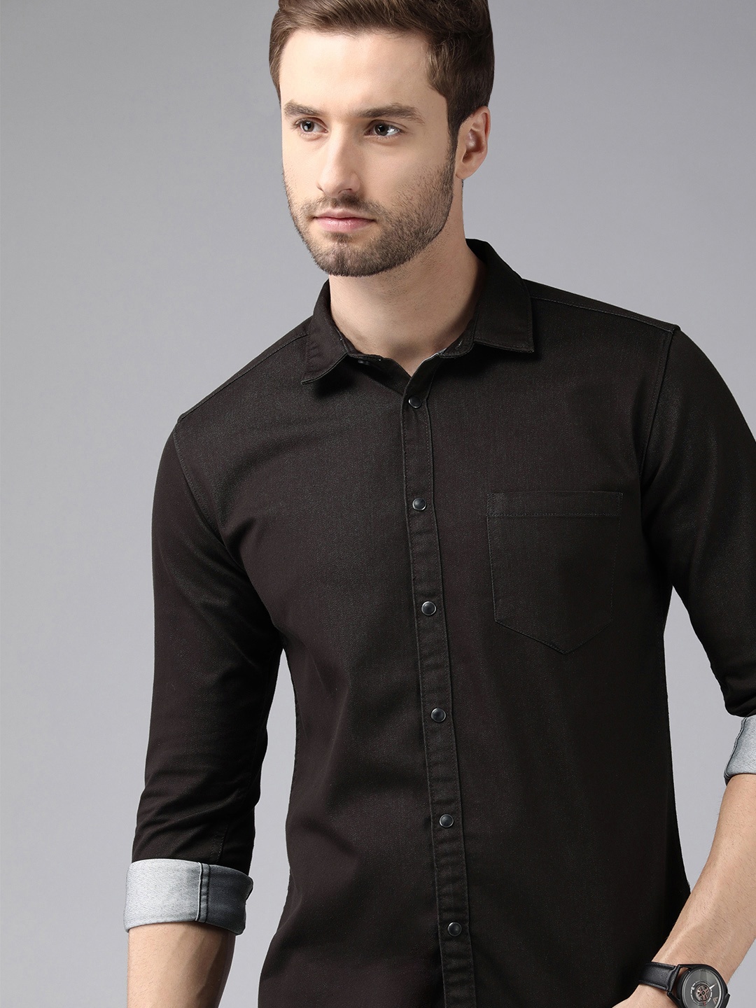 

Voi Jeans Men Charcoal Grey Solid Standard Slim Fit Casual Shirt
