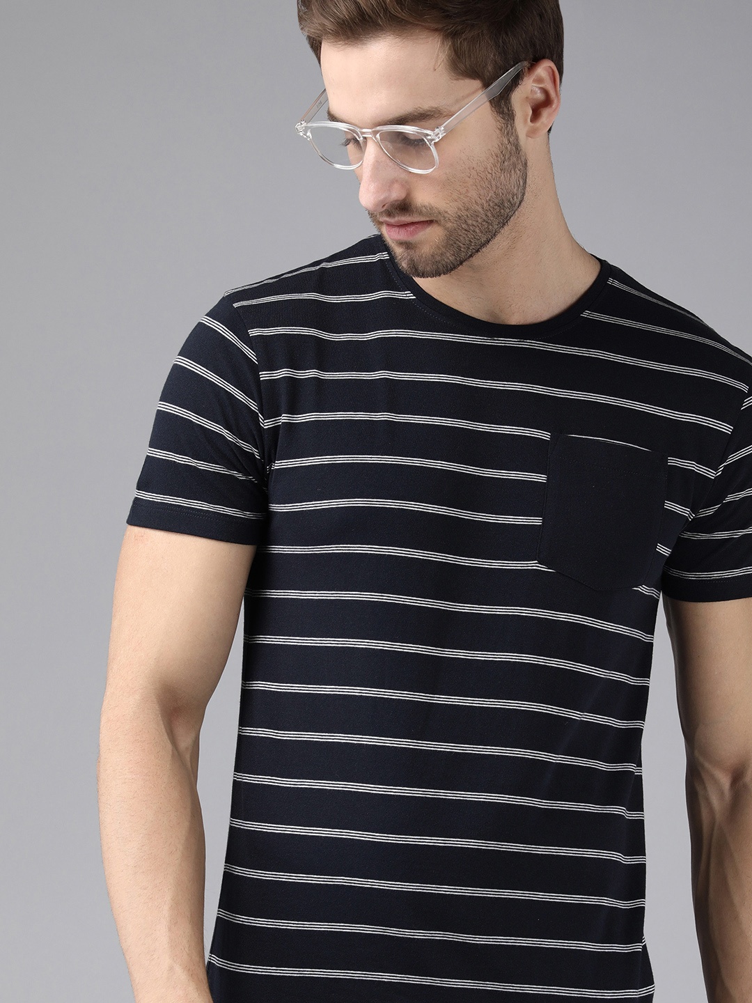 

Voi Jeans Men Navy Blue Striped T-shirt