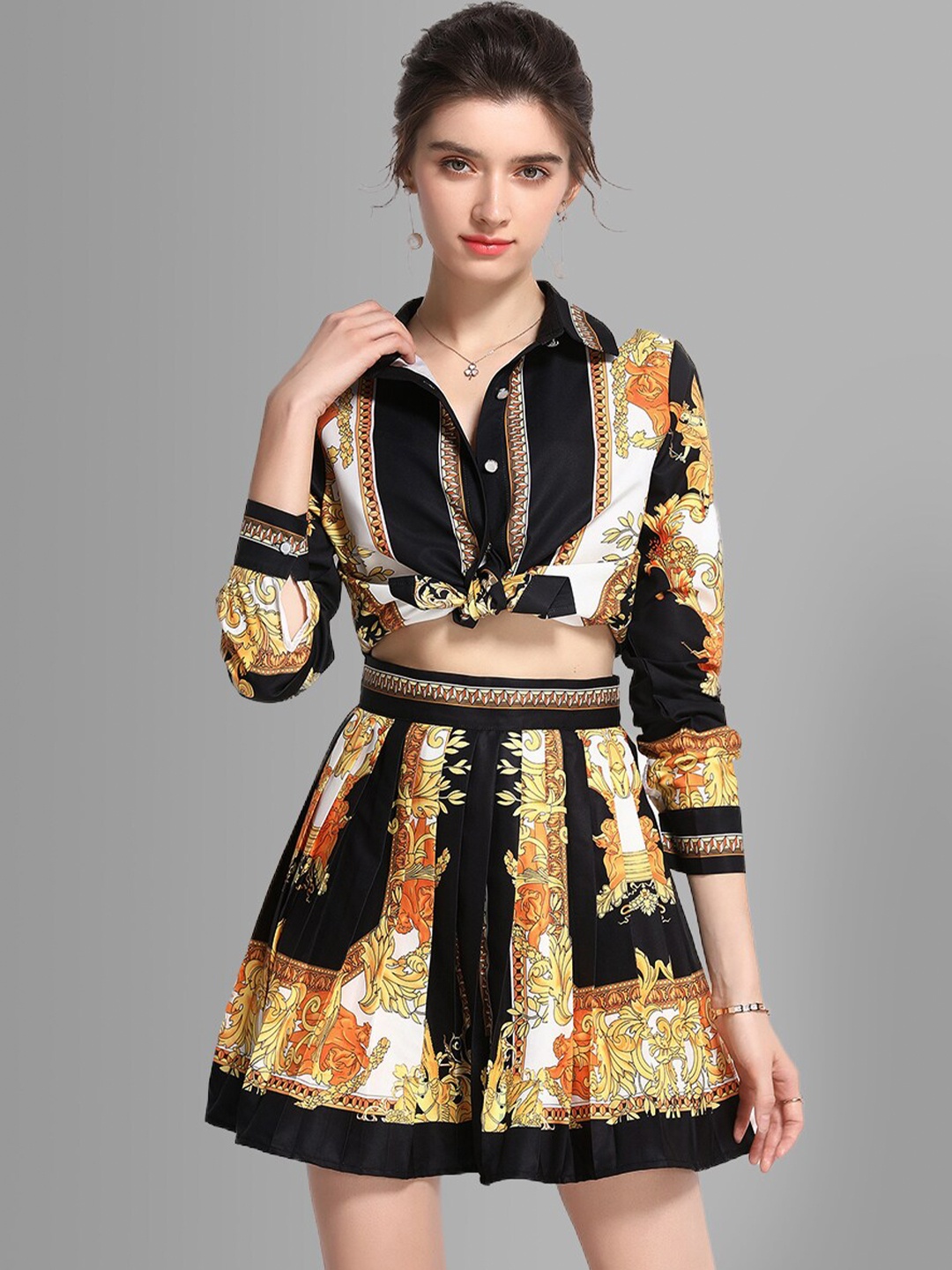 

JC Collection Women Yellow & Black Printed Shirt with Skirt Co-Ords