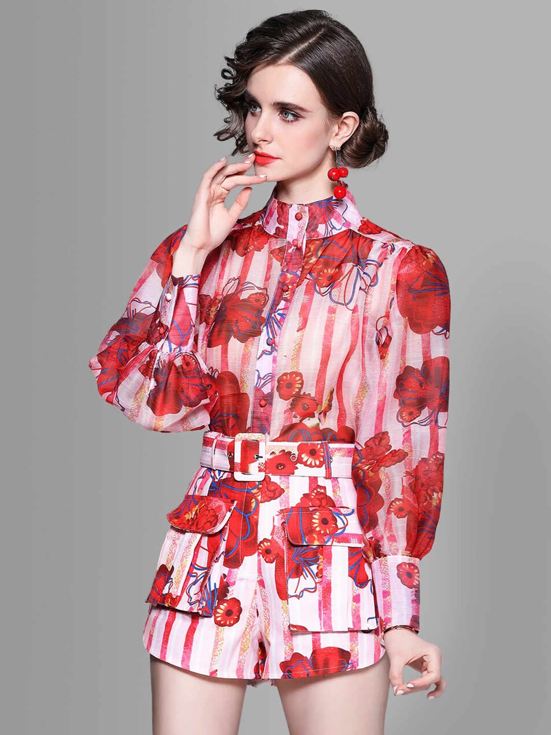 

JC Collection Women Red & Pink Printed Top with Shorts