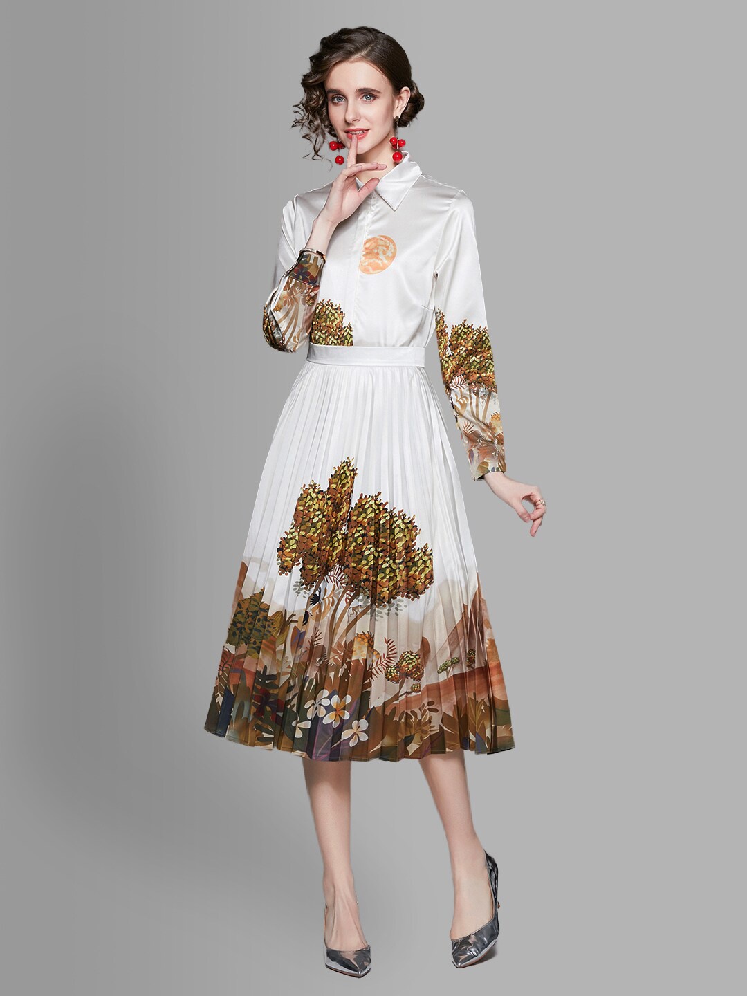 

JC Collection Women White & Brown Printed Shirt with Skirt Co-Ords Set