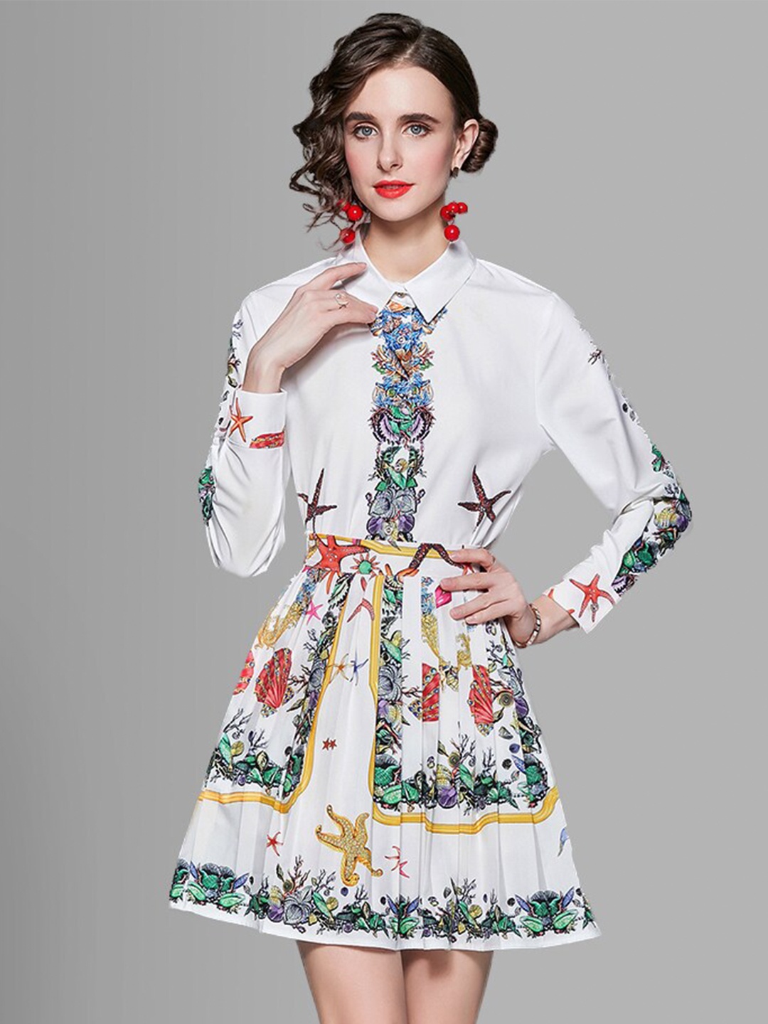 

JC Collection Women White & Green Printed Shirt with Skirt