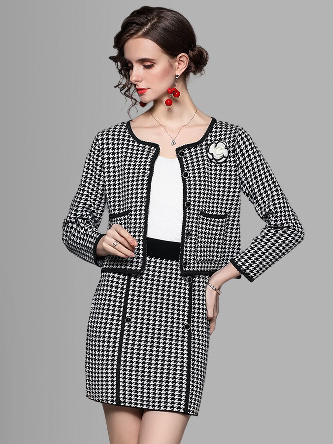 

JC Collection Women Black & White Checked Coat with Skirt Co-Ords Set