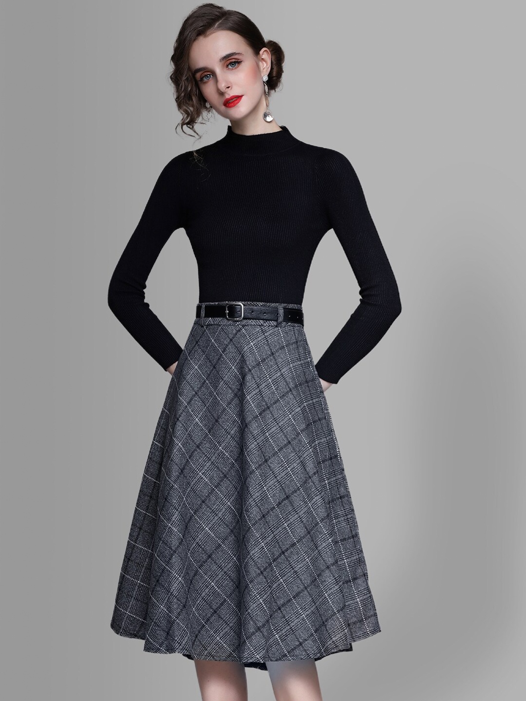 

JC Collection Women Black & Grey Top with Skirt