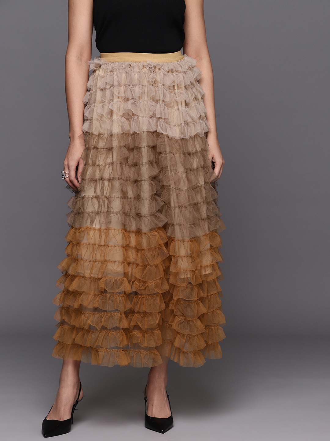 

JC Collection Colourblocked Net Ruffled Midi A-Line Skirt, Rust