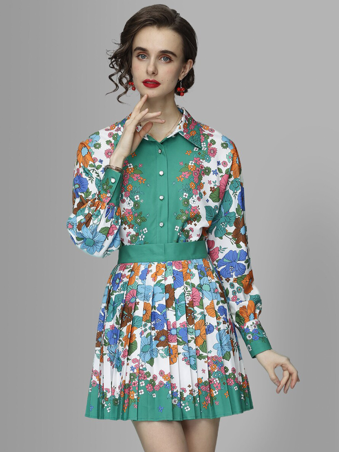 

JC Collection Women Green & White Printed Shirt with Skirt