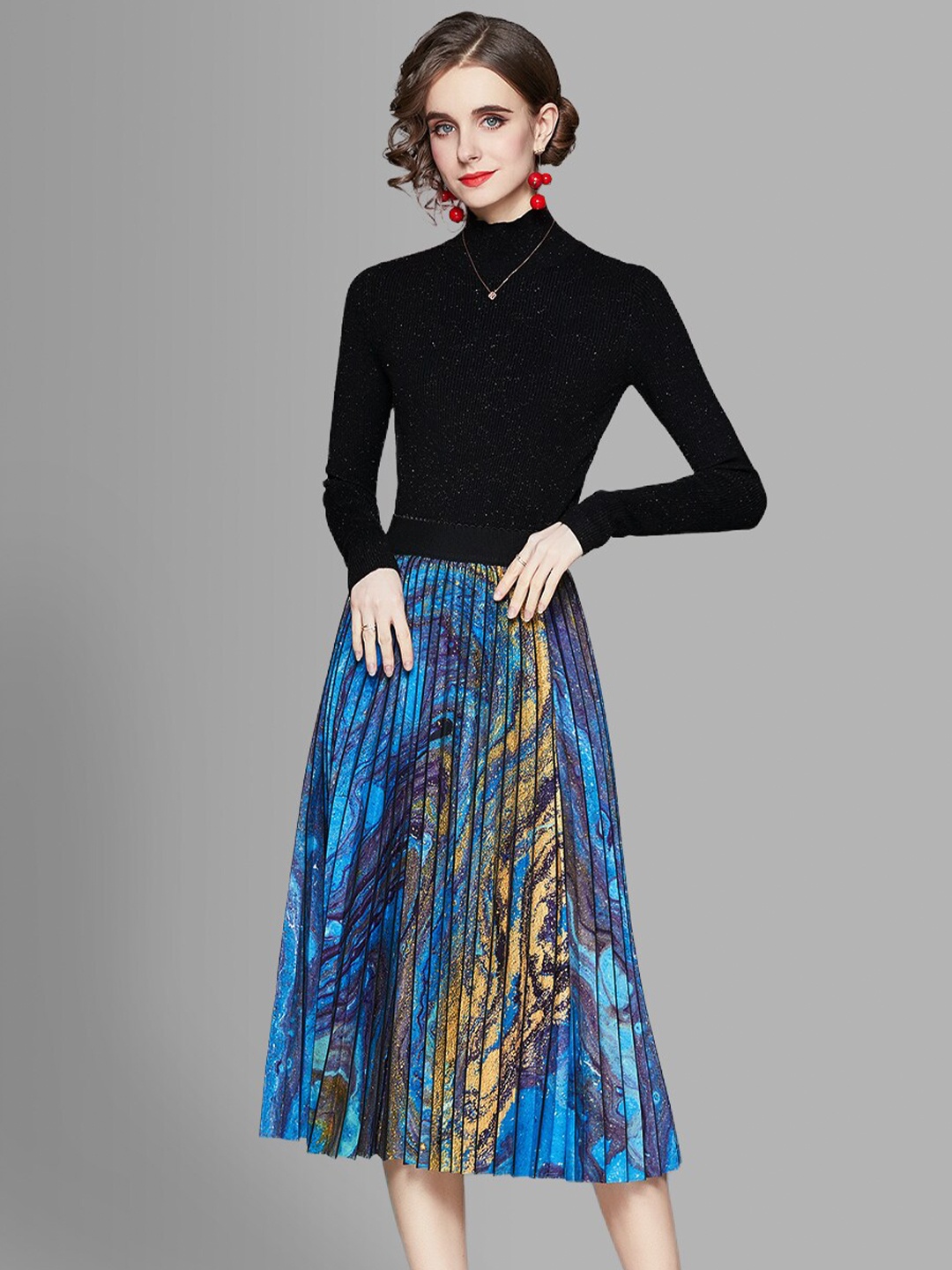 

JC Collection Women Blue & Black T-shirt with Skirt Co-Ords Set