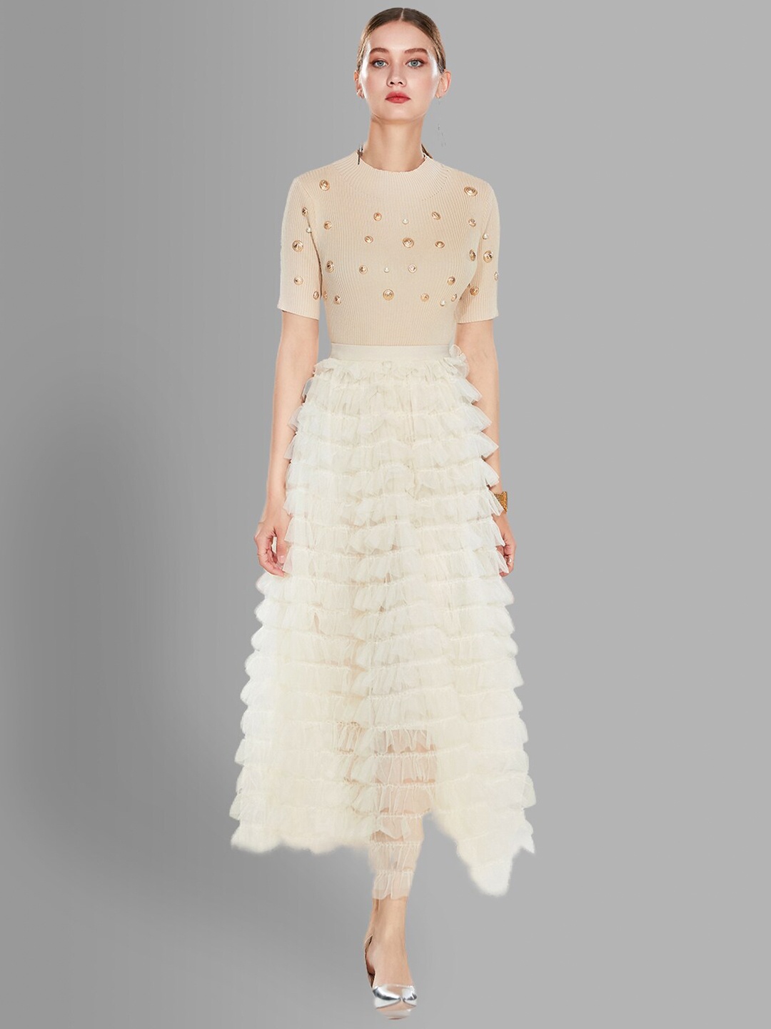 

JC Collection Women Beige & White Printed Top with Skirt