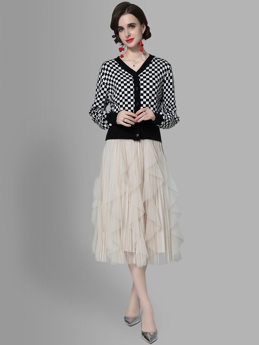 

JC Collection Women Black & White Checked Shirt with Skirt