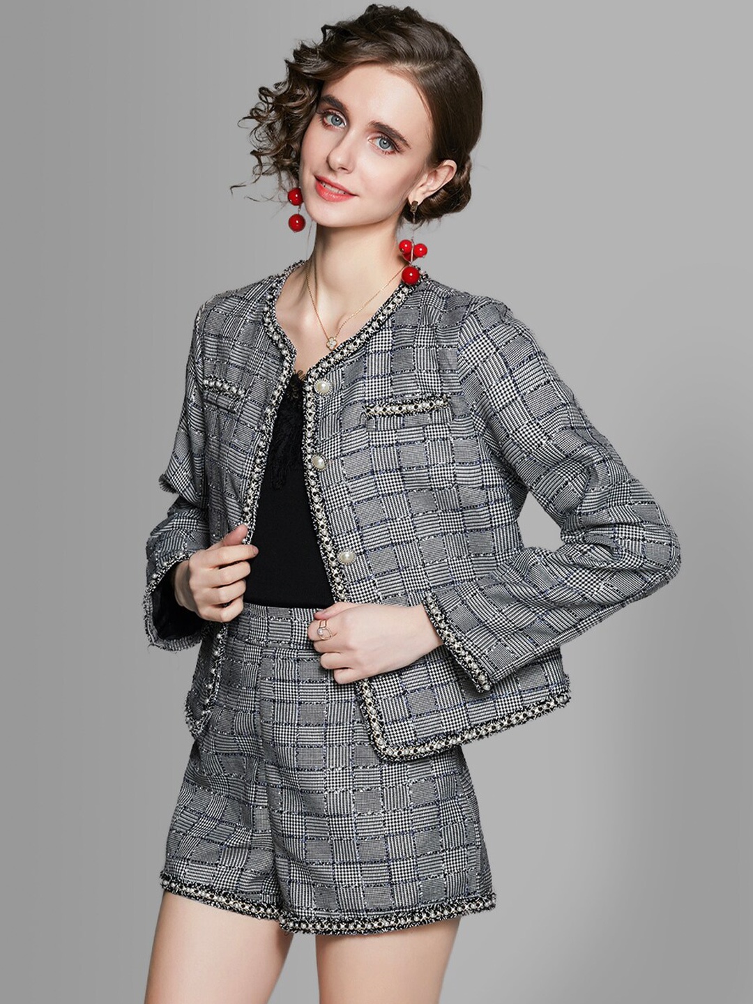 

JC Collection Women Grey & Black Printed Coat with Shorts Co-Ords Set