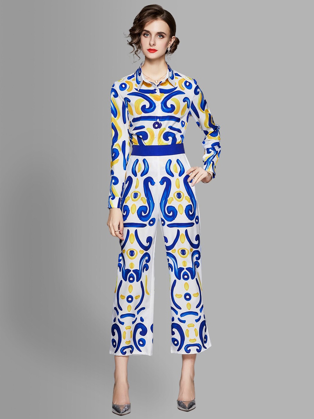 

JC Collection Women White & Blue Printed Shirt with Trousers