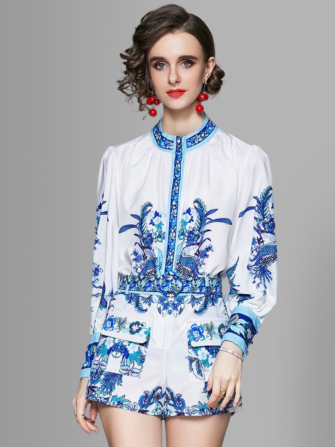 

JC Collection Women Blue & White Printed Top with Shorts