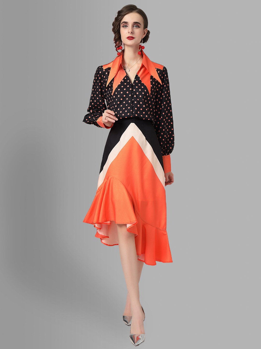 

JC Collection Women Orange & Black Printed Shirt with Skirt