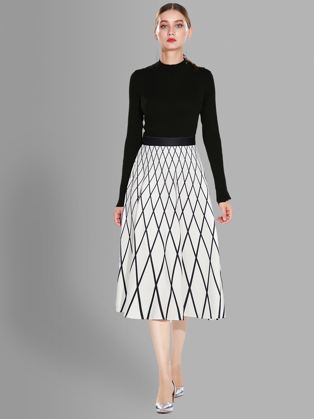 

JC Collection Women White & Black Top with Skirt