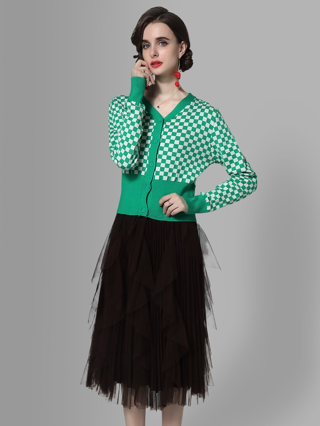 

JC Collection Women Green & Black Checked Sweater with Skirt