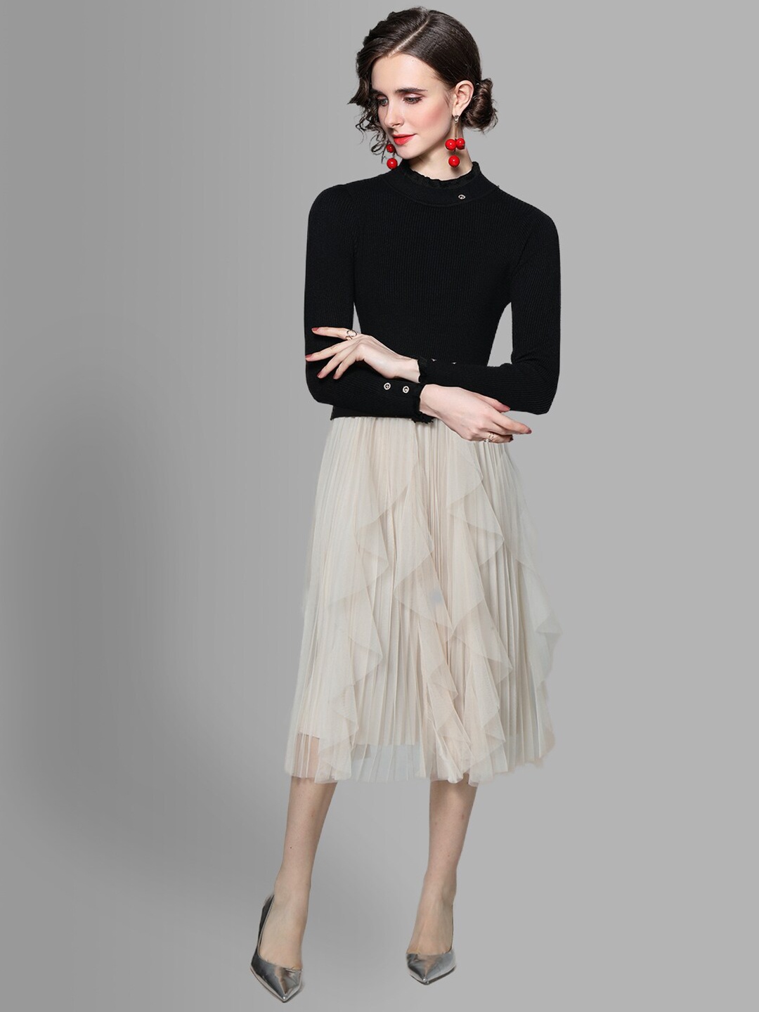 

JC Collection Women Black & Cream-Coloured Top with Skirt Co-Ords Set
