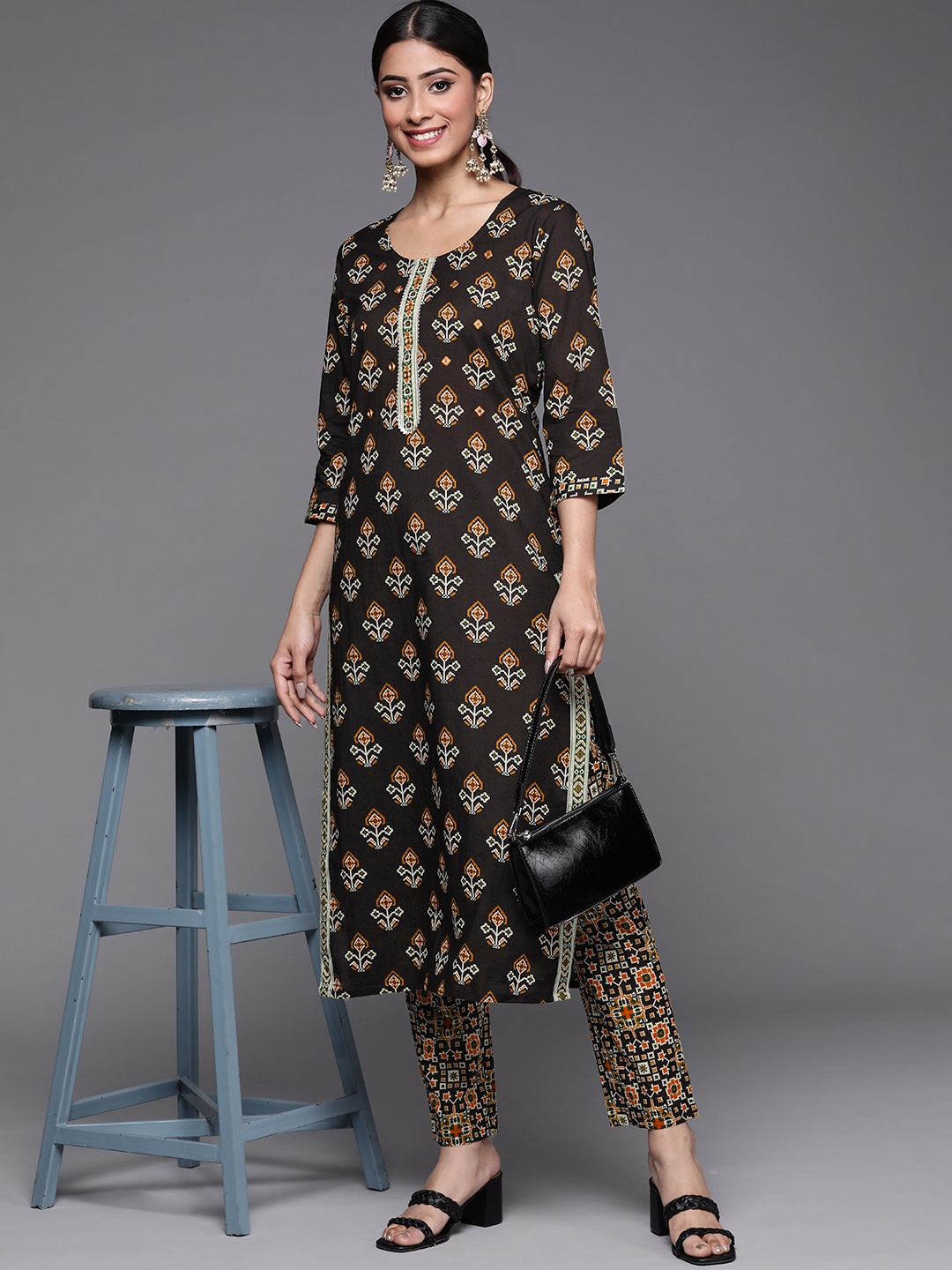 

Varanga Women Black Ethnic Motifs Printed Patchwork Pure Cotton Kurta with Trousers