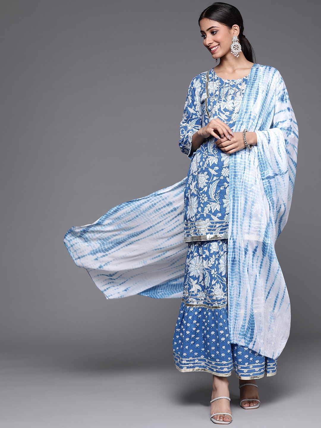 

Varanga Women Blue Floral Printed Gotta Patti Pure Cotton Kurta with Sharara & Dupatta