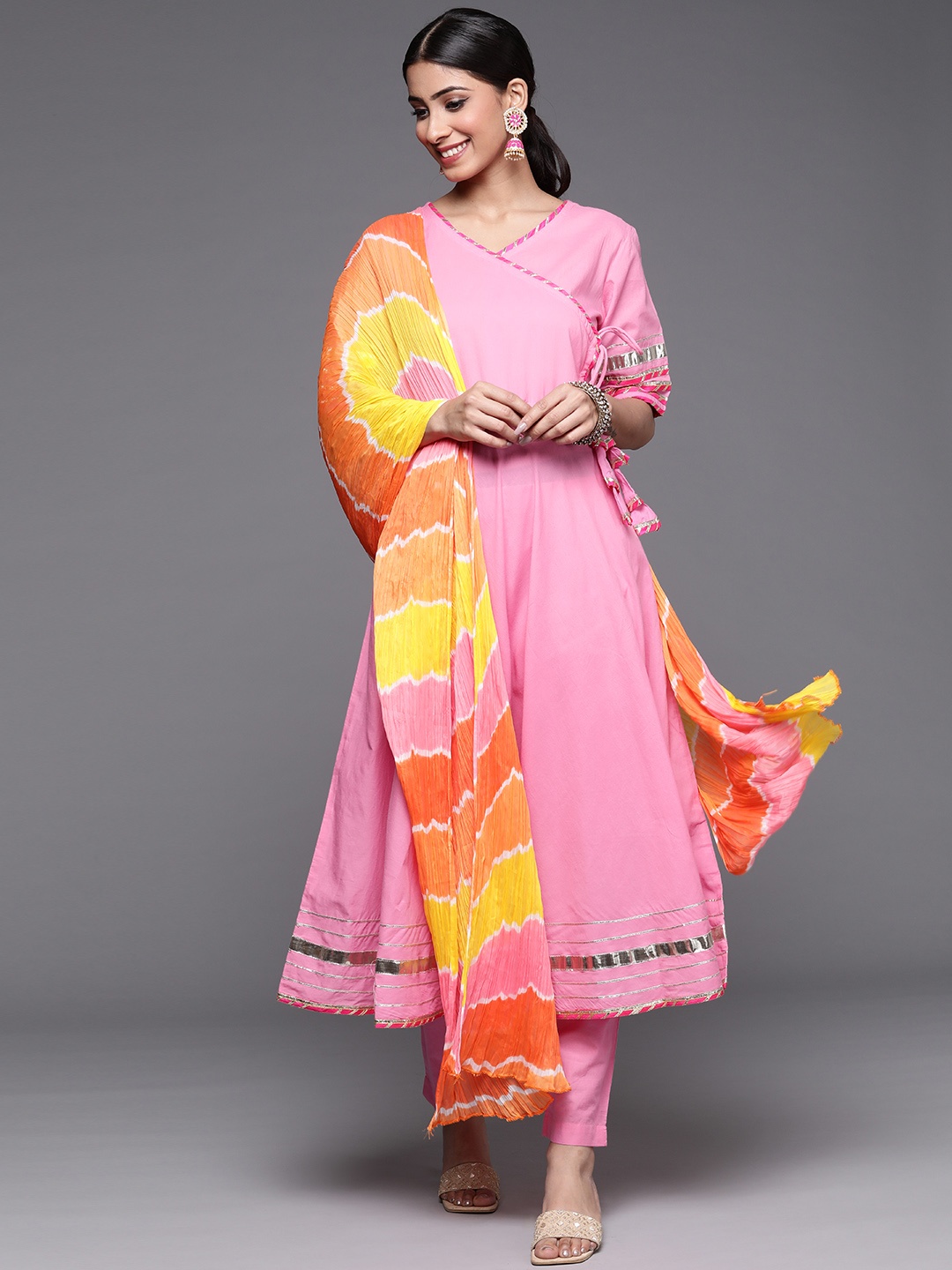 

Varanga Women Peach-Coloured Angrakha Pure Cotton Kurta with Trousers & With Dupatta