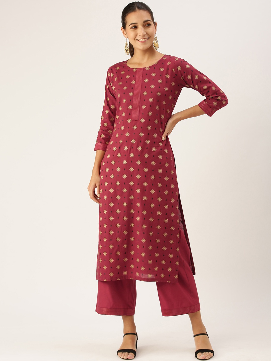 

Somras Women Maroon Ethnic Motifs Printed Pure Cotton Kurta with Trousers