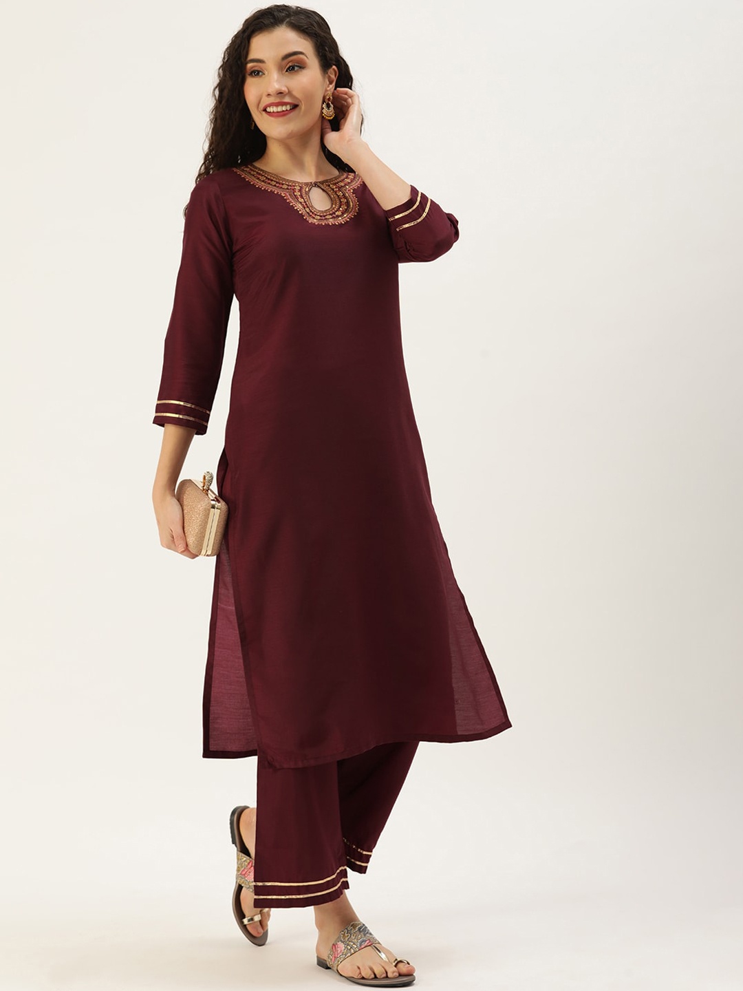 

Somras Women Wine-Coloured Floral Embroidered Panelled Kurta With Palazzo & Sequin Detail, Burgundy