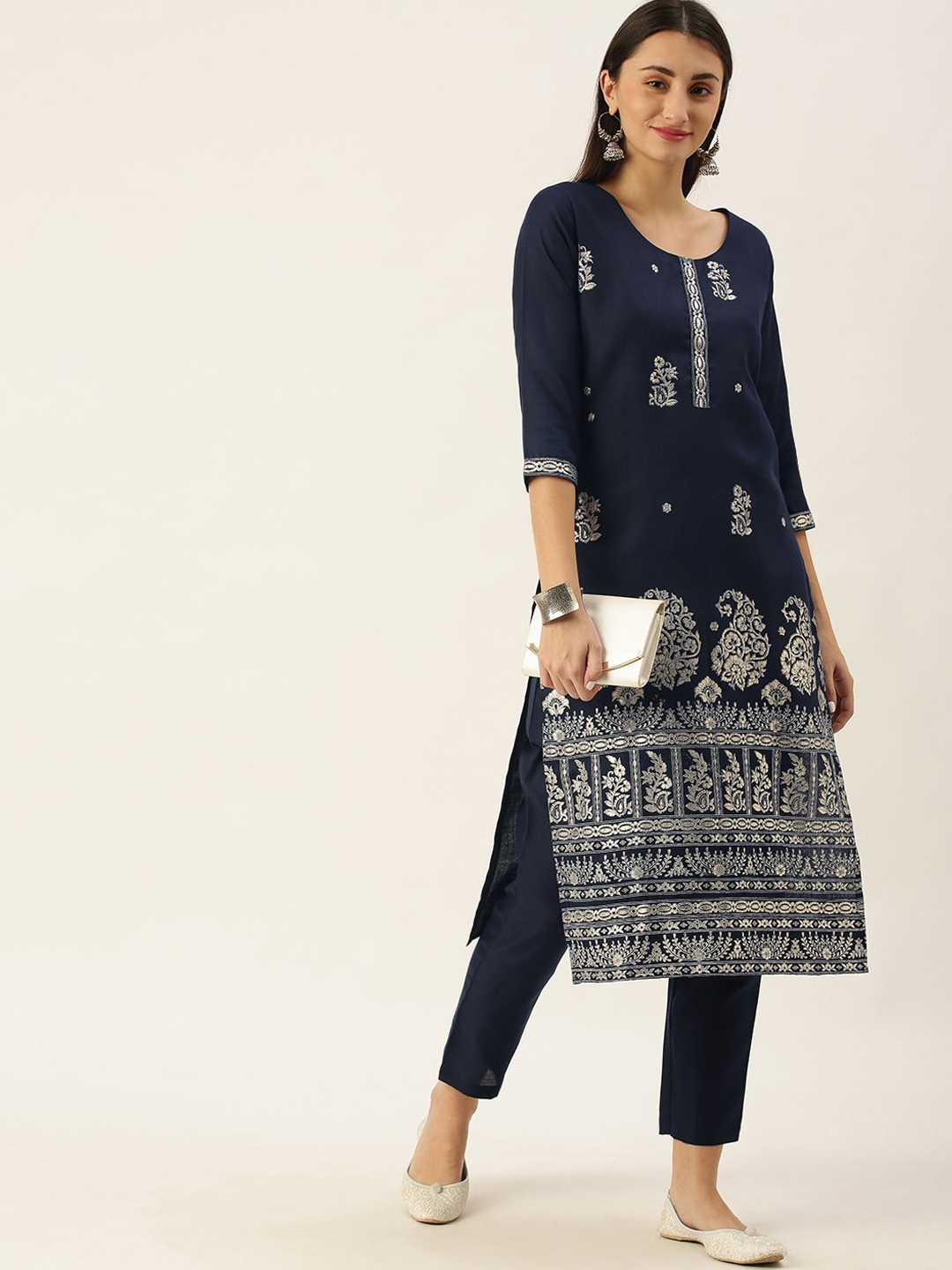 

Somras Women Navy Blue Ethnic Motifs Embroidered Kurta with Trousers
