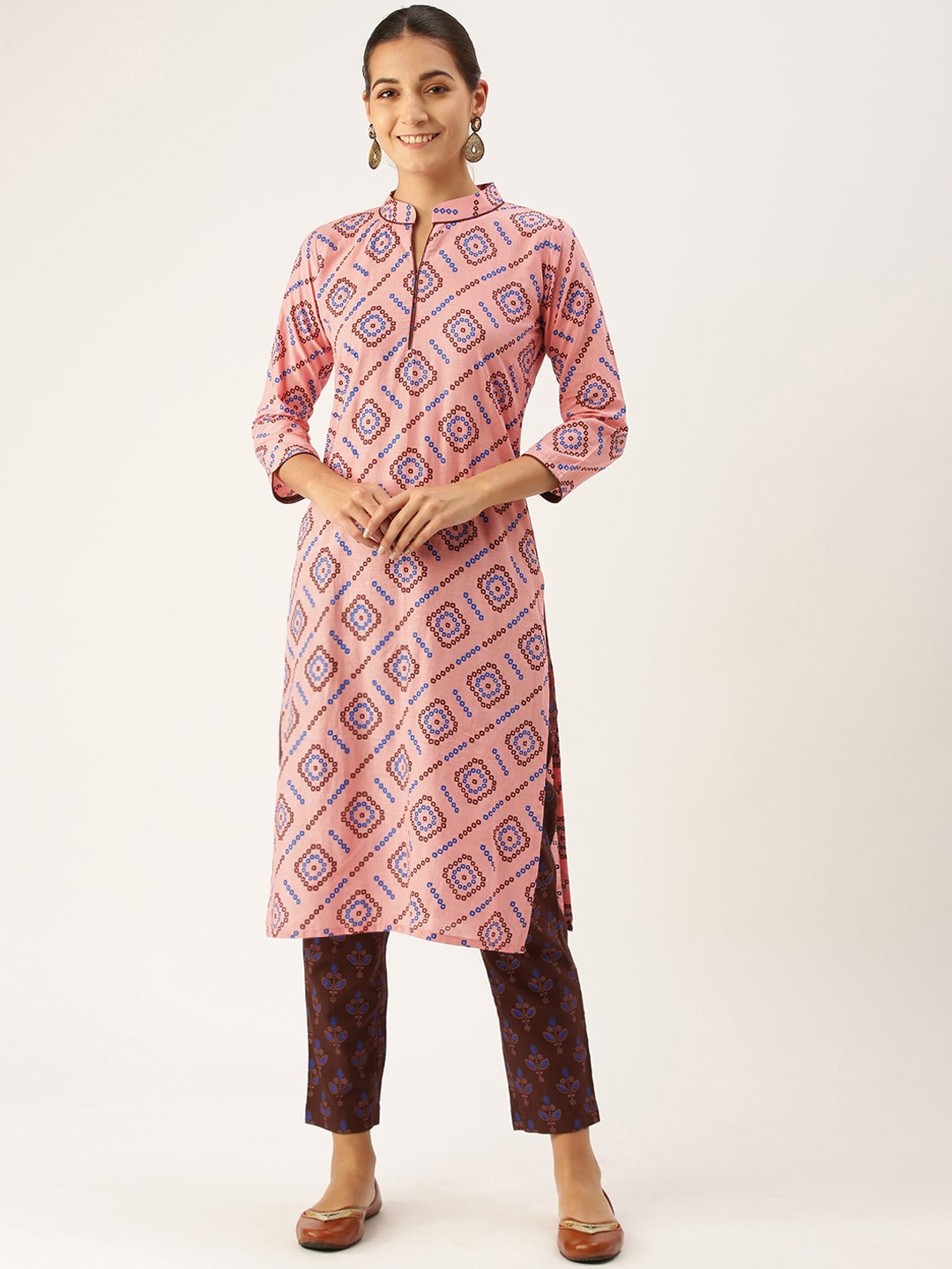 

Somras Women Pink & Brown Ethnic Motifs Printed Pure Cotton Kurta with Trousers