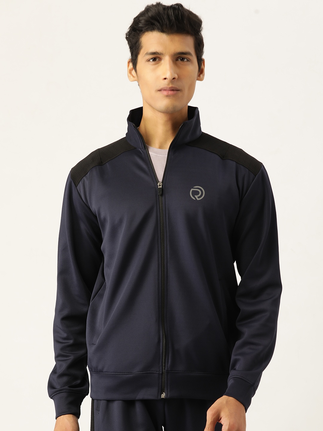 

Truerevo Men Navy Blue & Black Solid Reflective Strip Rapid-Dry Running Sporty Jacket