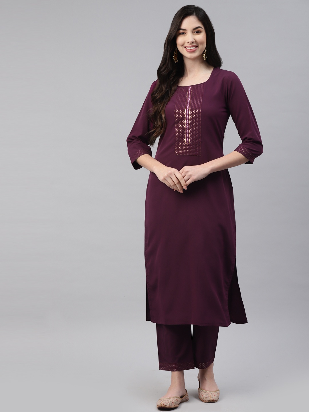 

SheWill Women Burgundy Embroidered Sequinned Kurta with Trousers