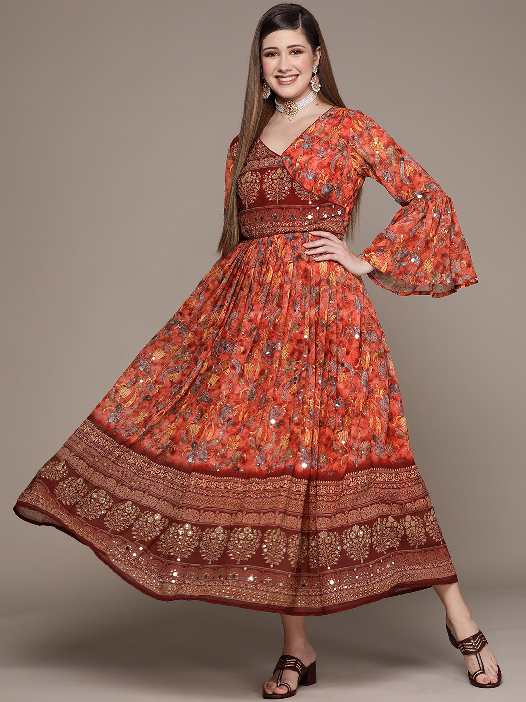 

Ishin Ethnic Motifs Embellished Maxi Dress, Orange