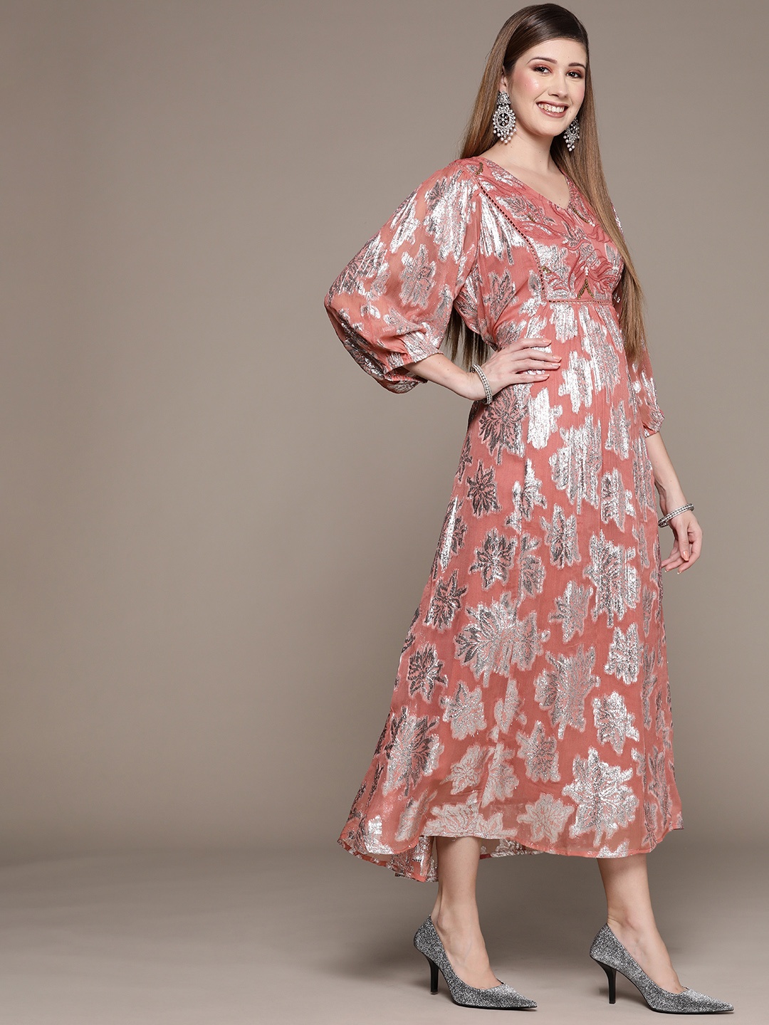 

Ishin Women Pink & Silver Floral Georgette A-Line Midi Dress
