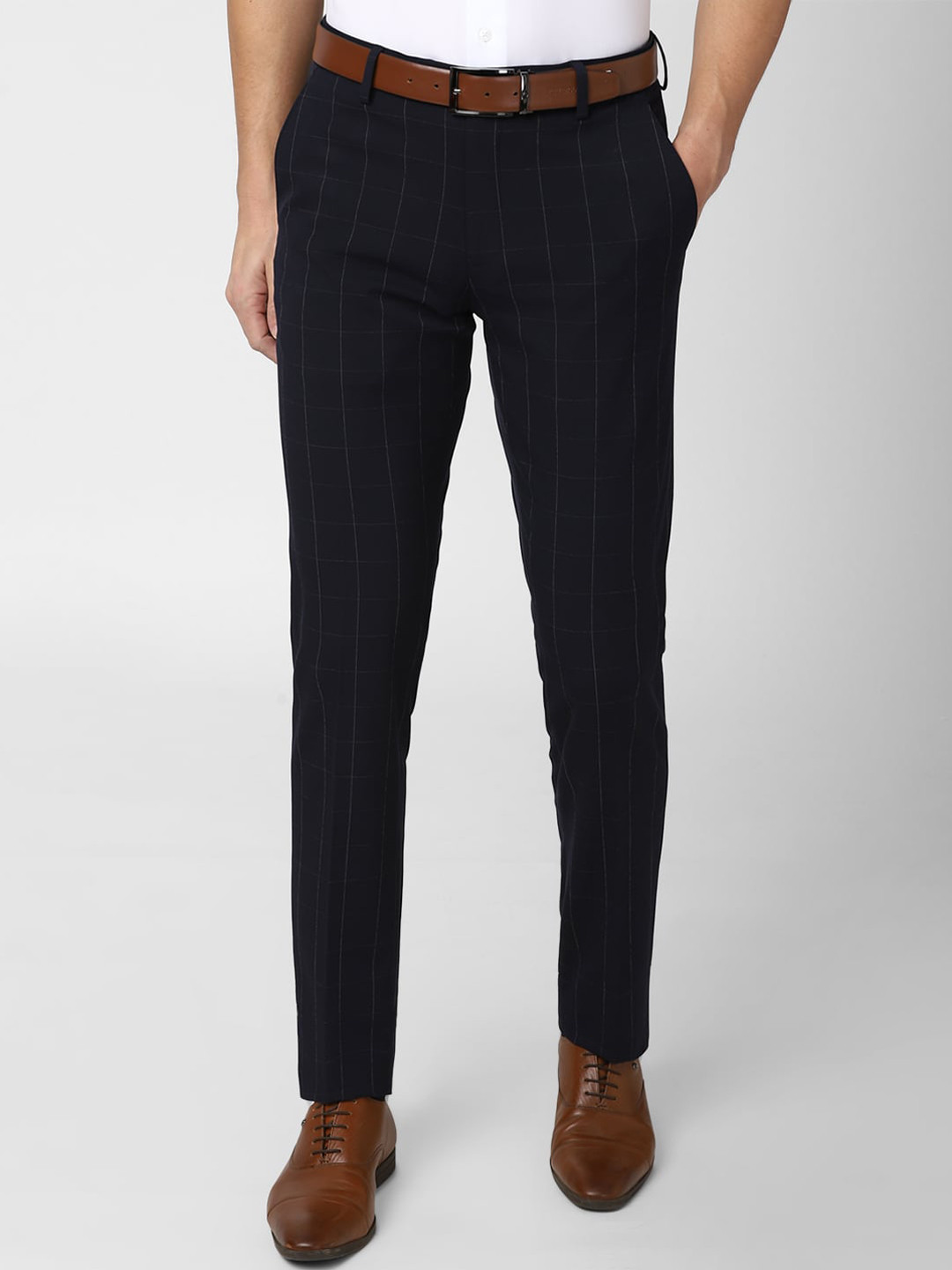 

Peter England Elite Men Navy Blue Striped Slim Fit Trousers