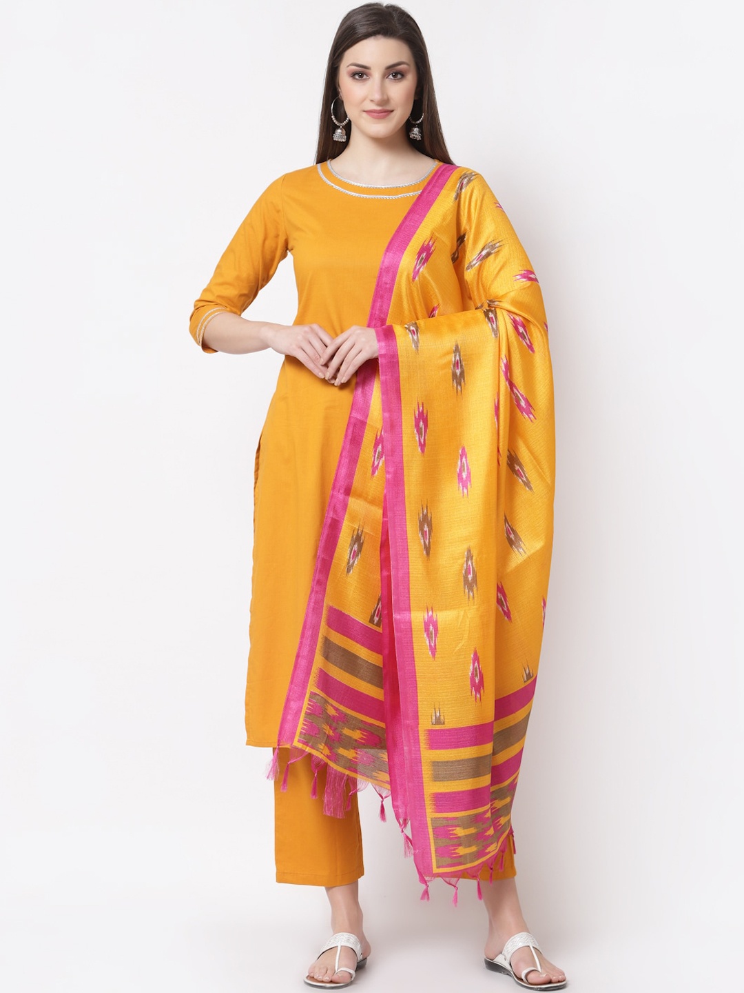 

Myshka Women Mustard Yellow Empire Pure Cotton Kurta with Trousers & Dupatta