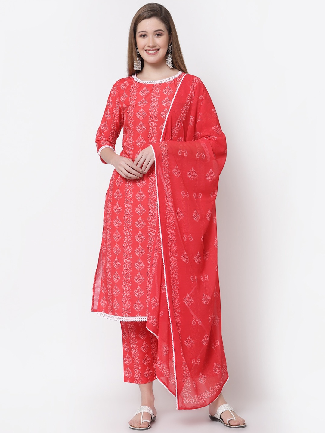 

Myshka Women Red Ethnic Motifs Printed Pure Cotton Kurta Set With Dupatta