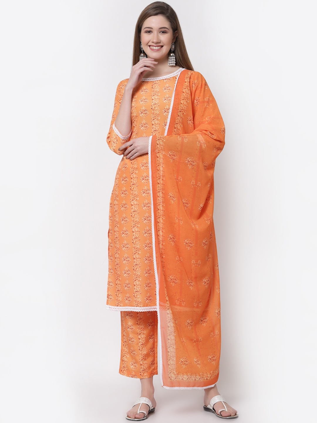 

Myshka Women Orange Printed Layered Pure Cotton Kurta with Palazzos & Dupatta