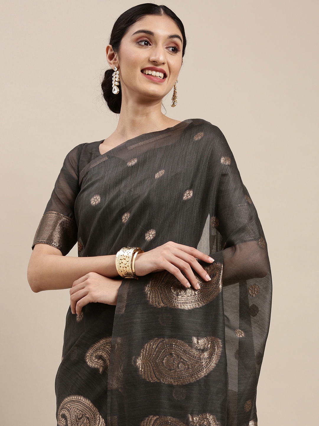 

Mitera Charcoal Grey & Golden Paisley Linen Blend Banarasi Saree