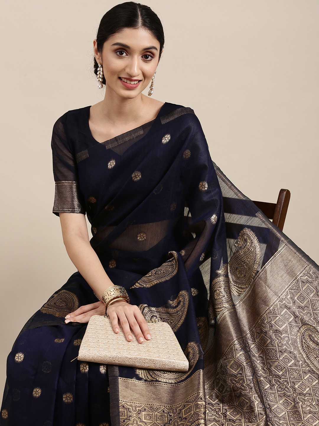 

Mitera Navy Blue & Golden Paisley Linen Blend Banarasi Saree