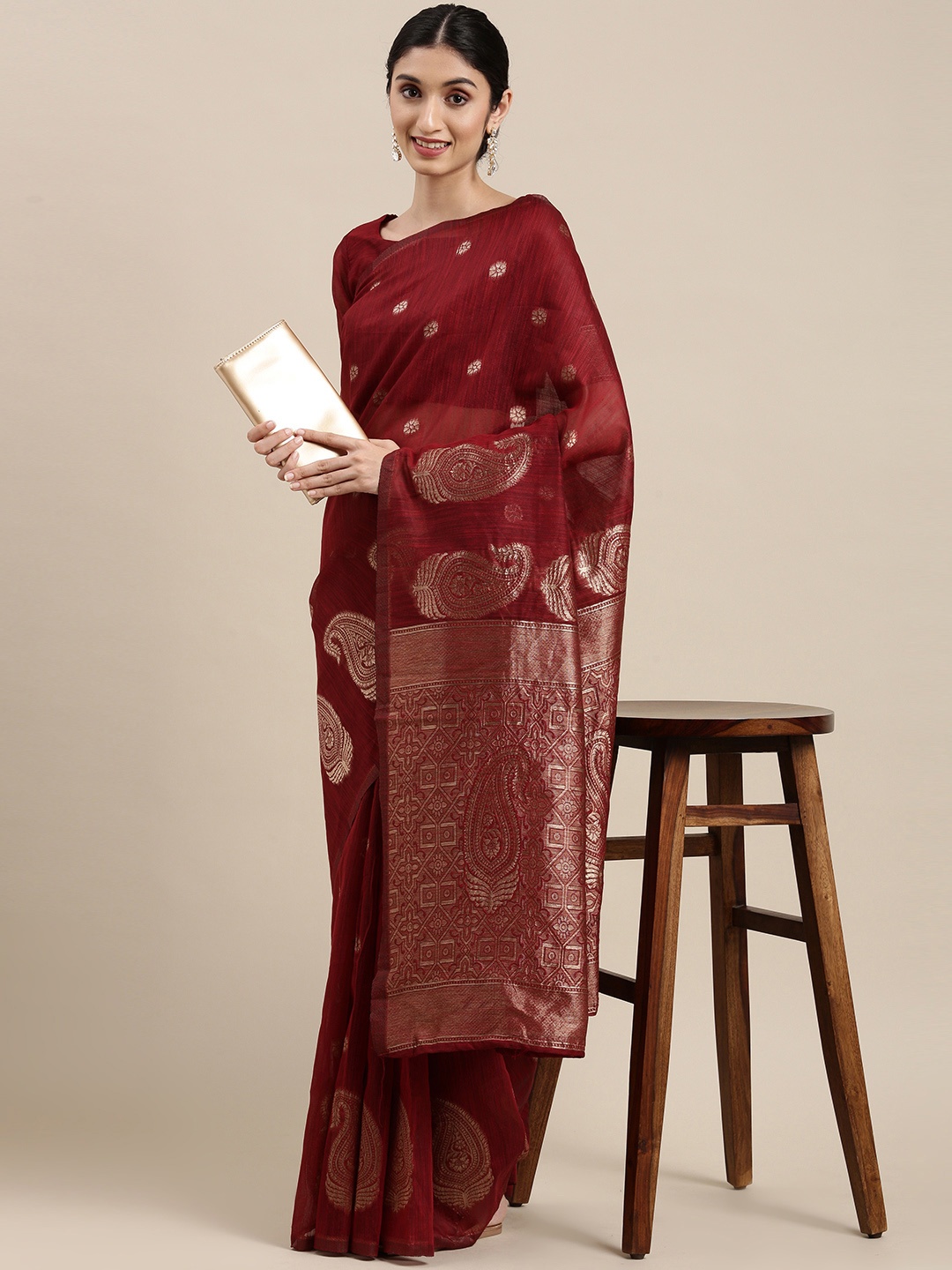 

Mitera Maroon & Golden Paisley Linen Blend Banarasi Saree