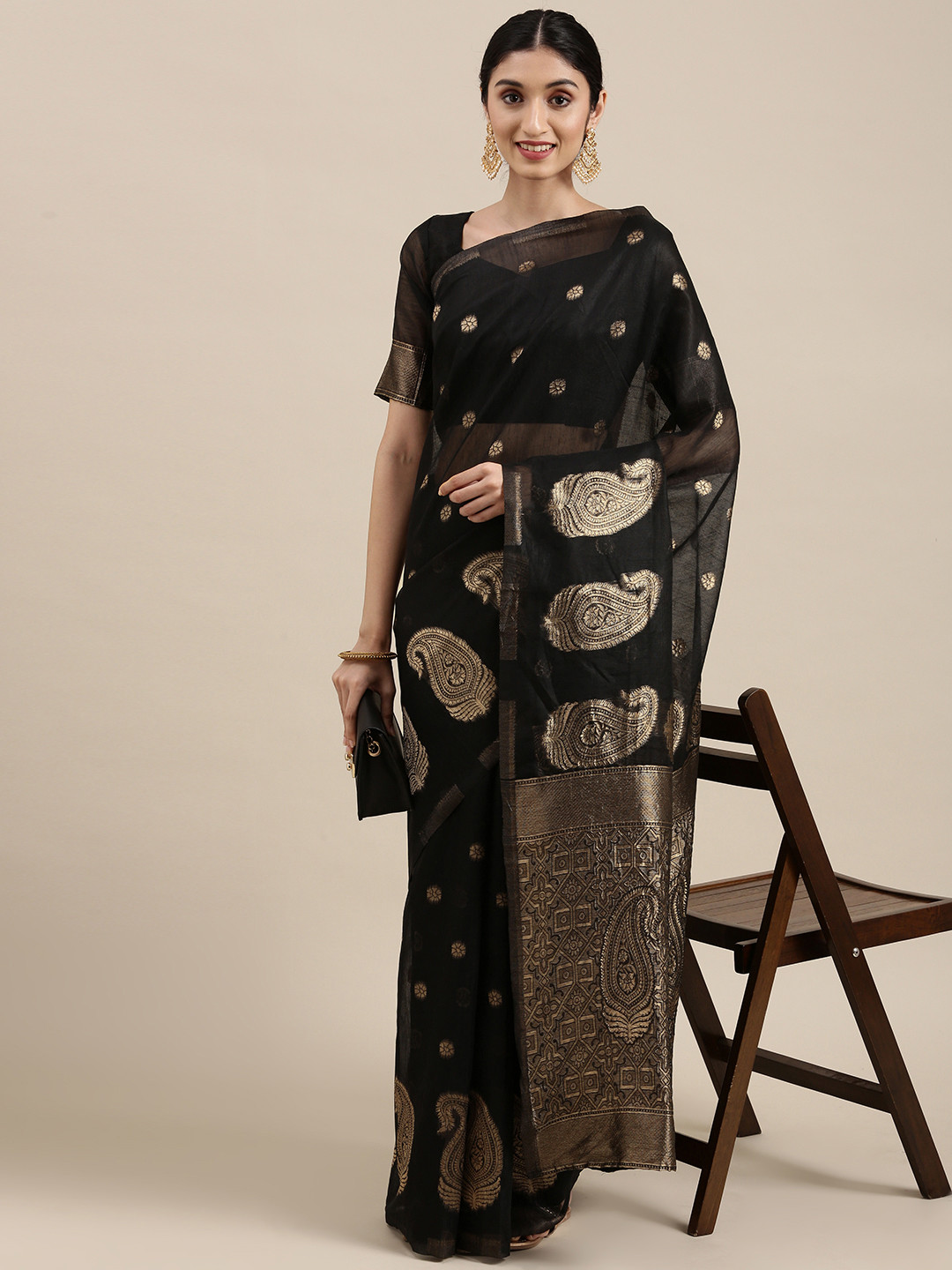 

Mitera Black & Golden Paisley Linen Blend Banarasi Saree