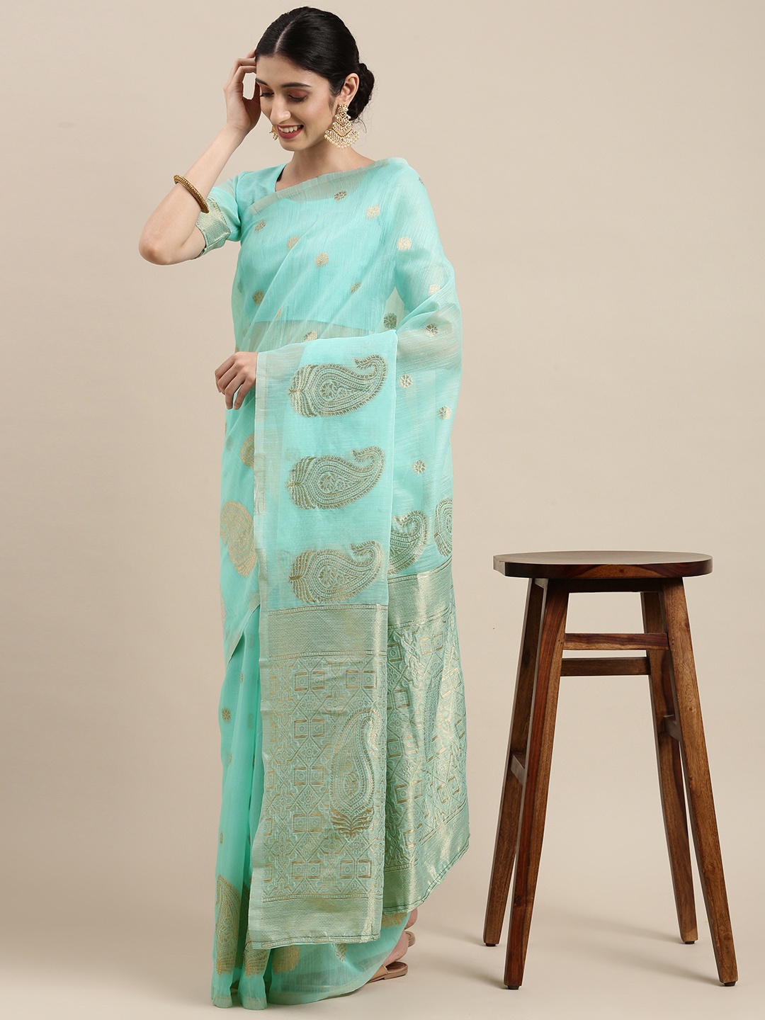 

Mitera Sea Green & Golden Paisley Linen Blend Banarasi Saree