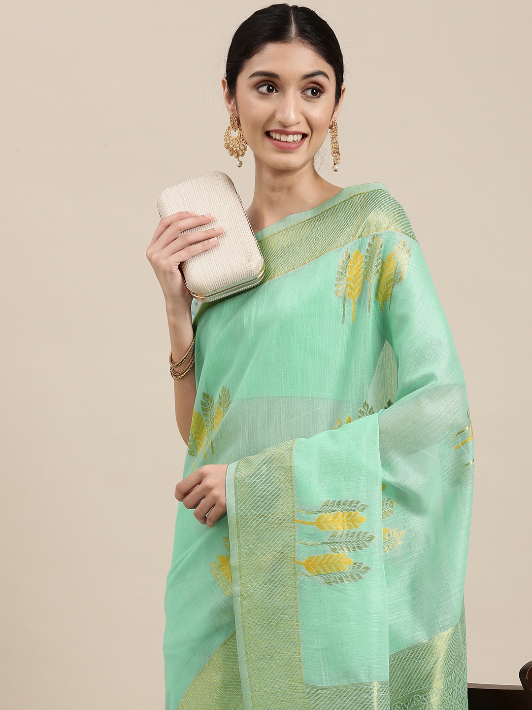 

Mitera Sea Green & Yellow Bagh Linen Blend Banarasi Saree