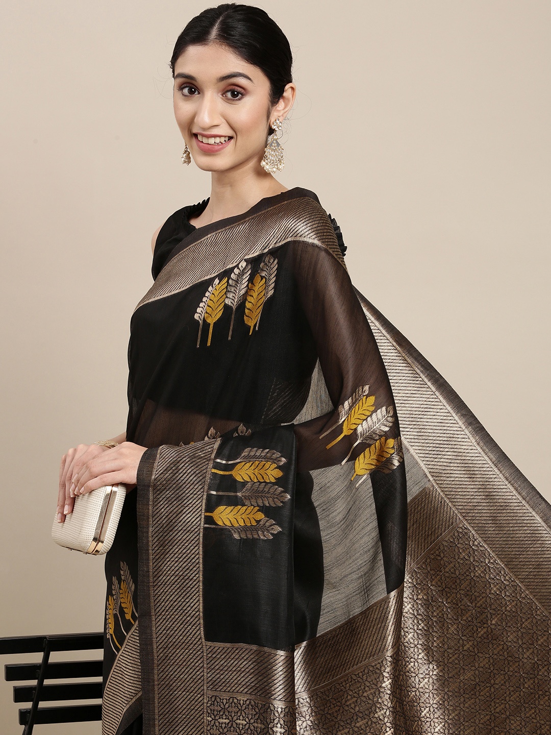 

Mitera Black & Yellow Bagh Linen Blend Banarasi Saree