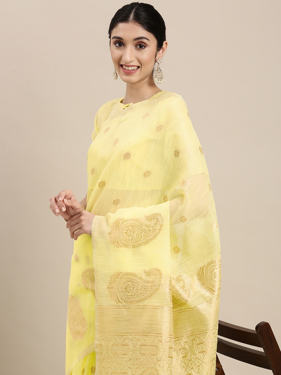 

Mitera Yellow & Golden Paisley Linen Blend Banarasi Saree