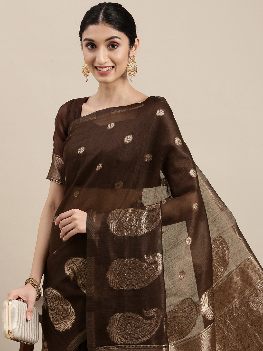

Mitera Coffee Brown & Golden Ethnic Motifs Linen Blend Banarasi Saree