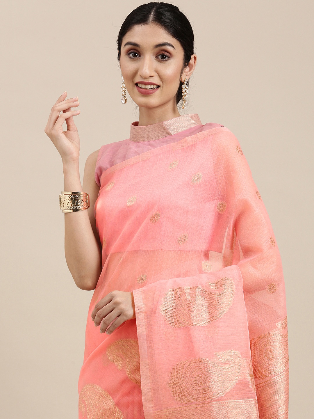 

Mitera Pink & Golden Paisley Linen Blend Banarasi Saree