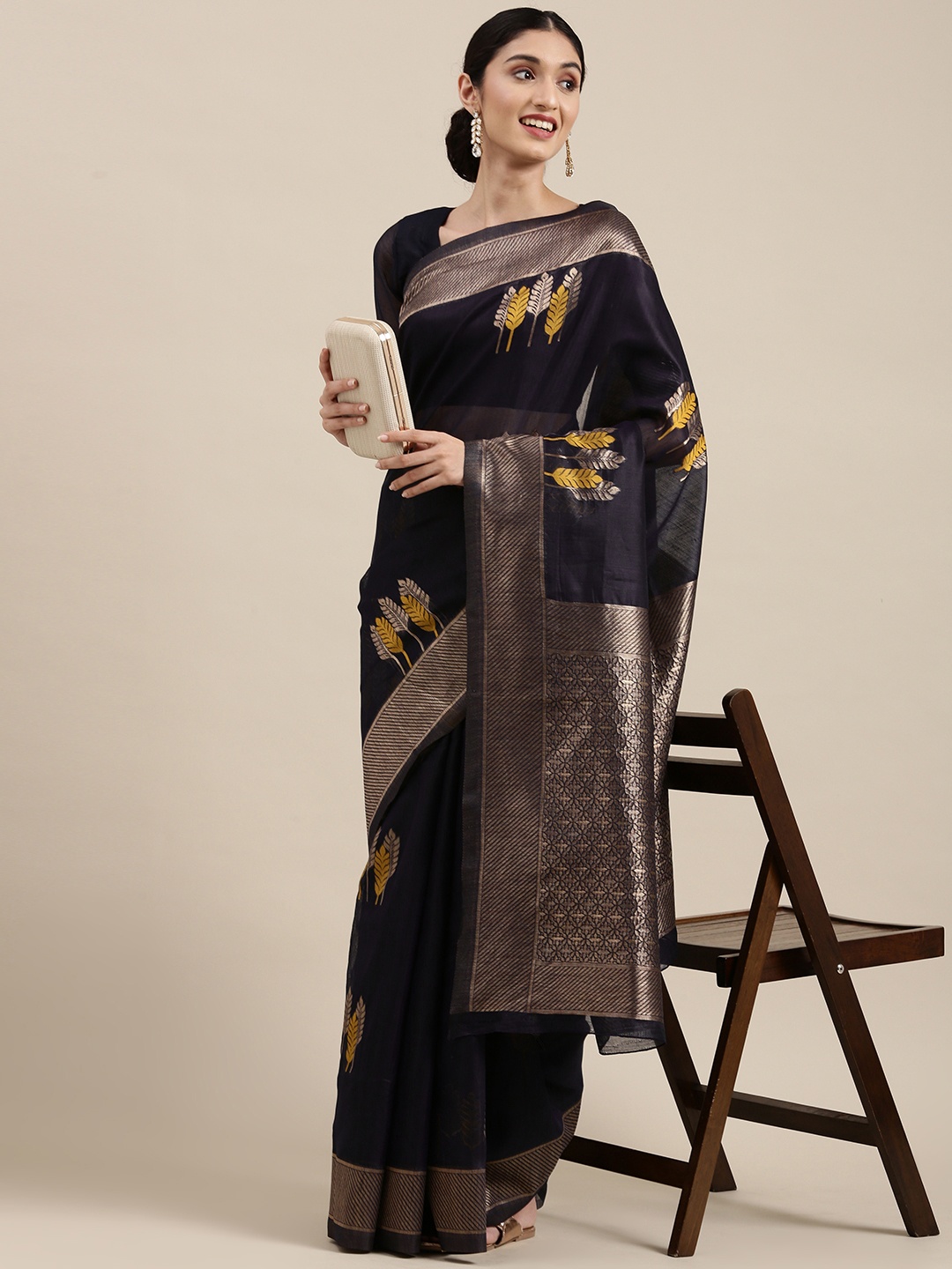 

Mitera Navy Blue & Golden Ethnic Design Linen Blend Banarasi Saree