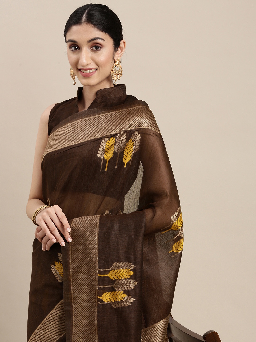 

Mitera Coffee Brown & Yellow Bagh Linen Blend Banarasi Saree